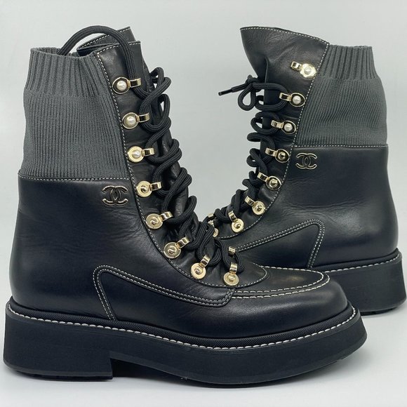CHANEL 21K Leather Knit CC Logo Lace Up Combat Ankle Bootie Boots Shoes $1900 - Picture 12 of 16